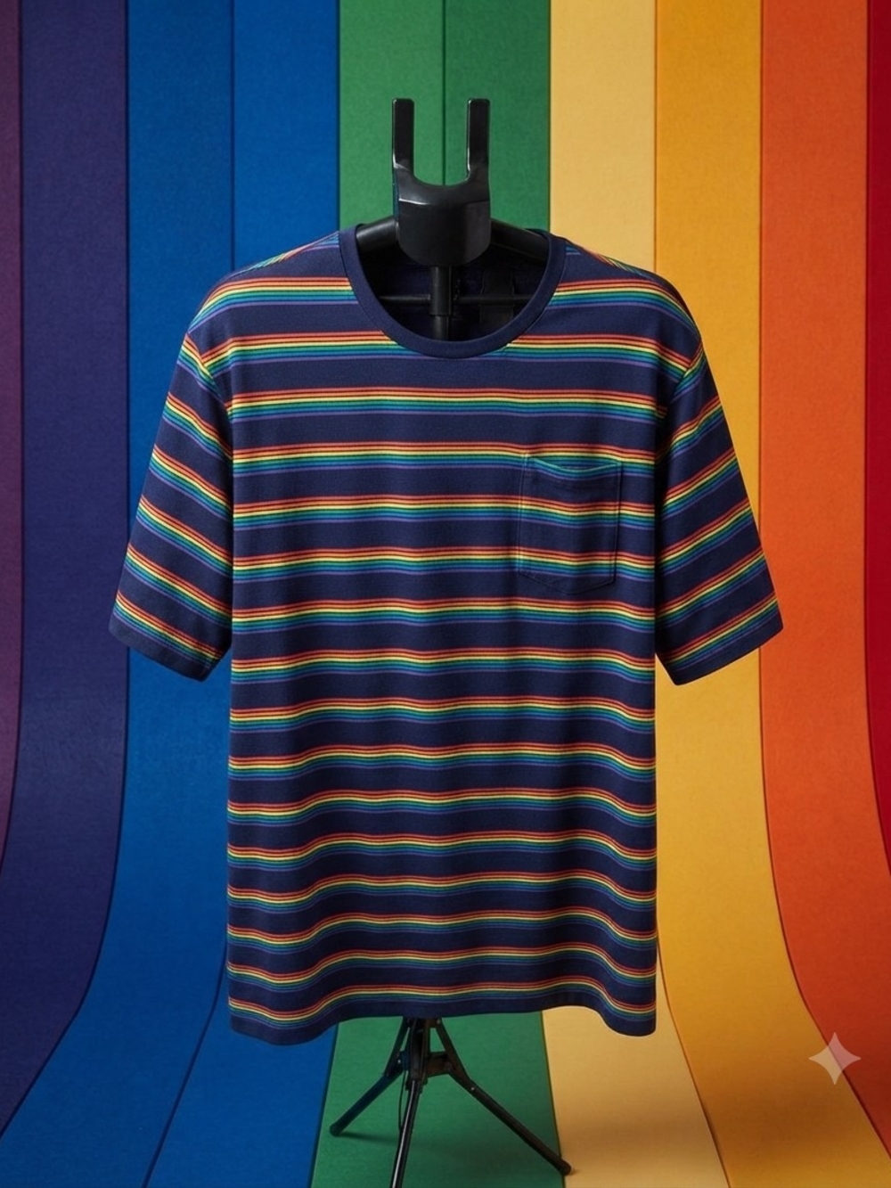 Men's Navy Rainbow Stripe Pocket Tee - Short Sleeve